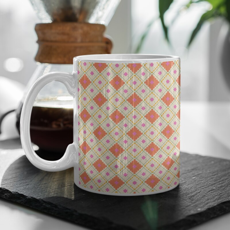 12oz Coffee Mug Sunshine Lemonade Orange Pink Argyle. High-quality sublimation inks on ceramic mug. Orange Pink Argyle Print Coffee Mug